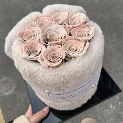 China Popular durable preserved plush rabbit ears holding bucket 9 roses bouquet valentines gift box flower bouquet gift for lovers for sale