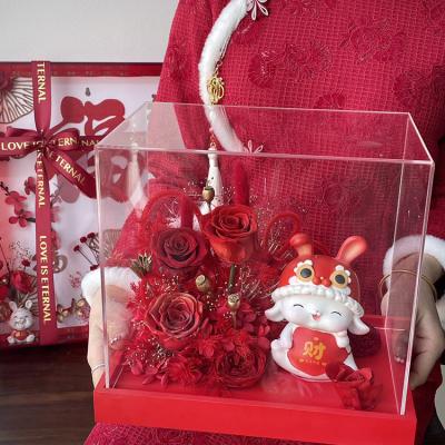 China 2023 Preserved Durable Red Transparent Acrylic Dry Flowers Lucky Rabbit Eternal Flower Ornament for Gift Box for sale