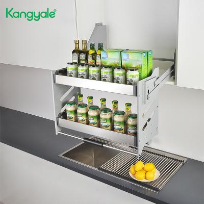 China Kangyale Kitchen Wall Cabinet Shelf Seasoning Basket Seasoning Baskets Stainless Steel Storage Liftable Pull Down Metal Viable for sale