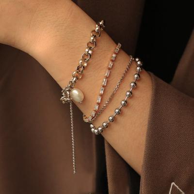 China New Design Punk Pearl Bracelet Pearl Freshwater Ends Bracelet For Women With Big Zircon Diamond Crystal Bangle for sale