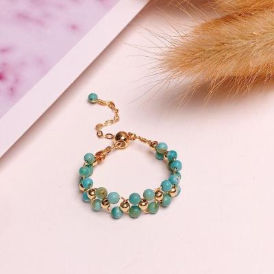 China Low MOQ Two Layers Low MOQ True Turquoise Stone Ring Fashionable Natural Alexandrite Brass Gemstone Ring With Gold Beads Accessories for sale