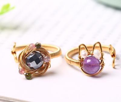 China Cute Gold Plated Cute Wire Wrap Cat Handmade Healing Crystal Ring Bird Gemstone Rings Jewelry Net Copper Cable Gifts for sale