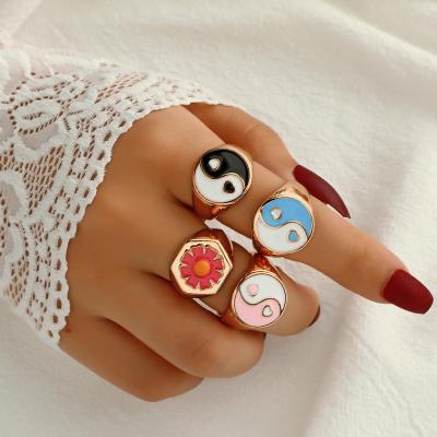 China Lead Free Nickel Free Central Statistical Institute Japan Style And South Korea Color Simple Chatter Female Ring Set Oil Red Drop Men Metal Yin Yang Tai Chi Ring Fine Jewelry for sale