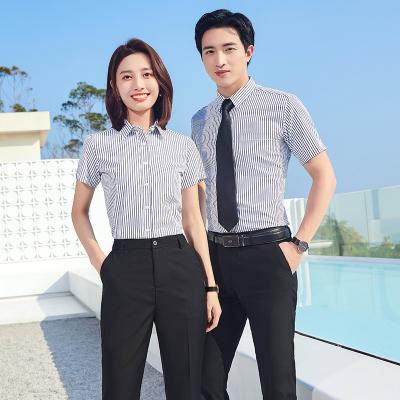 China Anti-pilling new fashion cotton short sleeve stripe slim fit male social casual business white black dress shirt S-6Xl for sale