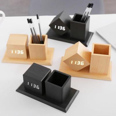 China Creative Office Decoration Gifts Pen Clock Home Desk Table Organizer Alarm Clock Wooden Stand with Digital LED Wooden Pen Holder Clock for sale