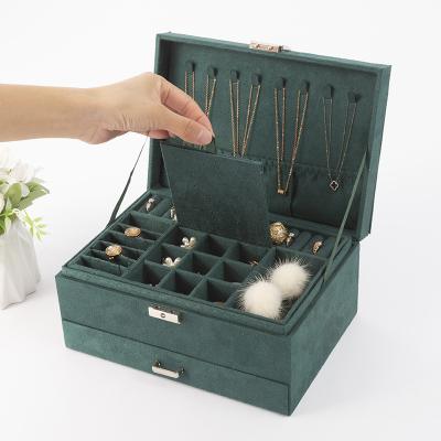 China Fashionable Custom Two Layers Velvet Jewelry Container Earring Storage Box Bracelet Box Green Travel Insert Velvet Jewelry Case for sale