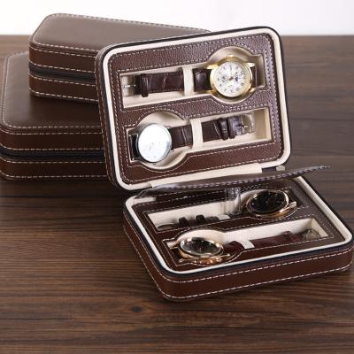 China Fashionable Custom Watches Bag PU Brown Leather Travel Boxes Drawer Bag Luxury Watch Slot Watch Display Case for sale