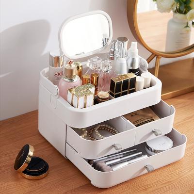 China New Plastic Desktop Stocked Make Up Organizer For Storage Hanging Jewelry Box With Drawer Women Cosmetic Organizer With Mirror for sale