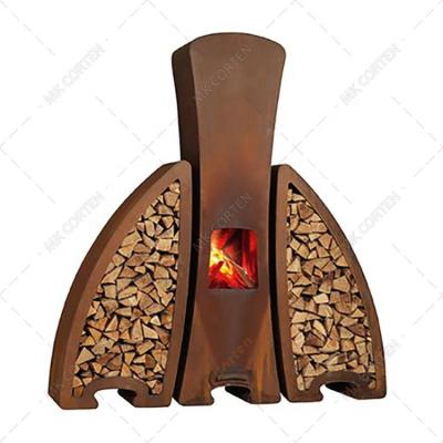 China Hot Sale Stored Corten Fireplace Wood Burning Corten Free Steel Outdoor Fireplace With Firewood Rack for sale