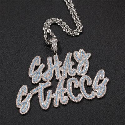 China Hiphop Hip Hop Custom Iced Out Cursive Name Necklace Blue Pink Zircon Letters Pendant Jewelry for sale