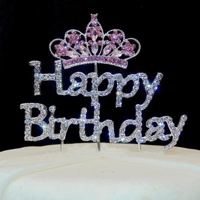 China Happy Birthday Rhinestone Cake Topper Tiara Design Cake Decoration Custom for sale