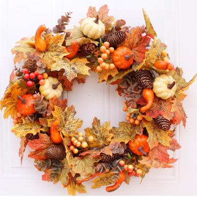 China Artificial 50CM Autumn Pumpkin Wreath Door Hanging Party Ornament Decoration Pumpkins Flower Leaves Pine Cones Halloween Wreath for sale