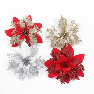 China Indor Christmas Tree Decoration Artificial Flower Poinsettia Glitter Christmas Gold Flowers for sale