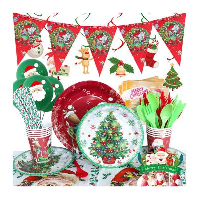 China Disposable Luxury Xmas Party Tableware Christmas Paper Plates Paper Napkins Straws Paper Cups Holiday Tablecloth Party Sets for sale