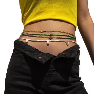 China High Quality Handmade African Waist Beads Bracelet Belly Chain Body Jewelry Bohemian Style Elastic Colorful Rice Bead Waist Chain For Women for sale