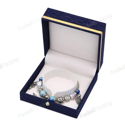 China Customized custom made leather jewelry box PU logo jewelry dark blue packaging box leather box for sale