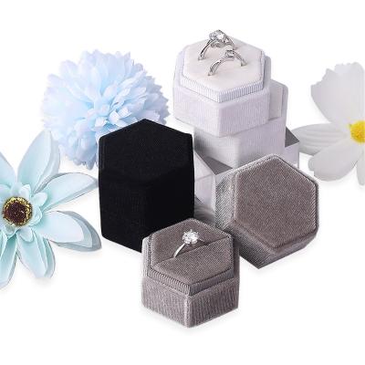 China Velvet Wedding Double Ring Rose Jewelry Package Wholesale Custom Color Jewelry Black White Ring Box Hexagon for sale