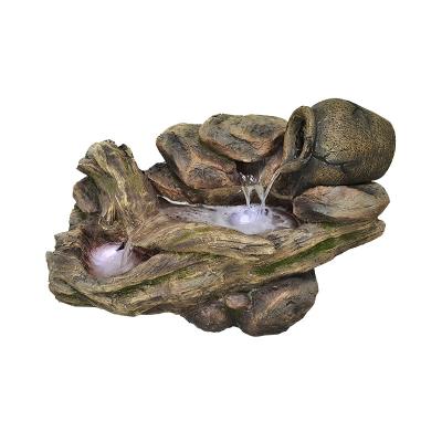 China Modern Decorate Outdoor Garden With 3 LED Lights Natural Resin Wood Stone Water Fountain for sale