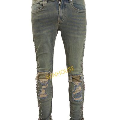 China SUNHOUSE 2023 PU Jeans Stretch Riveted Leather Splicing Skinny Jeans Breathable for sale