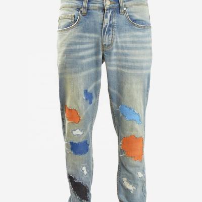 China SUNHOUSE 2023 Breathable Blue Ripped Patch Jeans Men's Multi-colored Narrow-legged Denim for sale