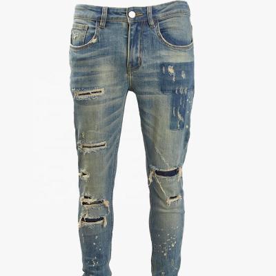 China SUNHOUSE 2023 Breathable Blue Ripped Patch Jeans Mens Narrow-legged Denim for sale