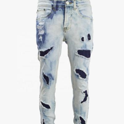 China Breathable SUNHOUSE 2023 Backwash Water Blue Ripped Patch Jeans Mens Narrow-legged Denim for sale