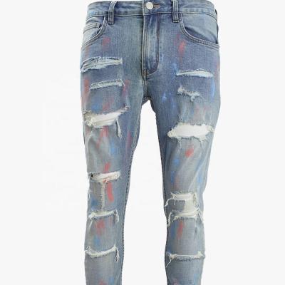 China SUNHOUSE New Wash Hole Denim Print Splatter Ink Breathable Blue Narrow-Leg Jeans for sale