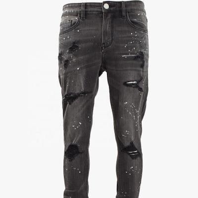 China SUNHOUSE Breathable Black Wash Water Ripped Jeans Narrow Legs Splattered Ink for sale