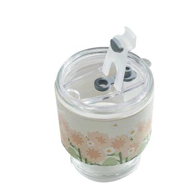 China Europe Coffee Cup Sunflower Pattern Straw Glass Portable Double Drinking Bamboo Mug for sale