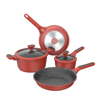 China BESCO Sustainable Climbing Series 6pcs Non Stick Cooking Pot Set Filter Pots Set Cooking Pots Aluminum Sets With Ergonimic Handle Red for sale