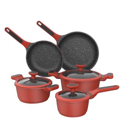 China BESCO Sustainable Stock Climbing Series 8pcs Household Non Stick Cast Aluminum Cookware Set Cooking Pot Set With Ergonimic Handle Red for sale