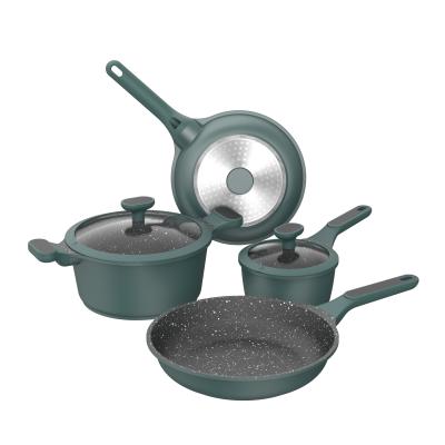 China BESCO Climbing Series 6pcs Non Stick Sustainable Running Granite Aluminum Cooking Cookware Sets Kitchenware Sets With Glass Cover Green for sale