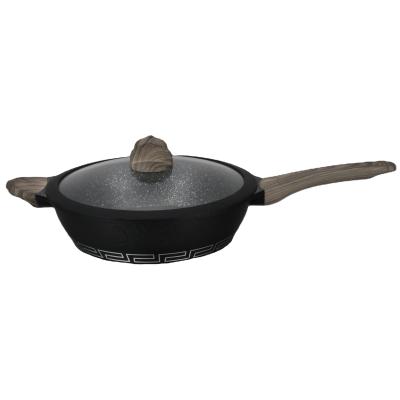 China Family Kitchen Handle Flat Bottom Wooden Frying Pan With Lid Heat Conduction Gear High Quality Frying Pan for sale