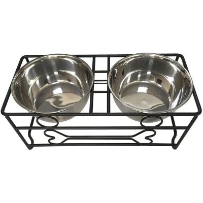 China Sustainable Bone Style Pet Feeder For Dog Cat, Stainless Steel Food And Water Bowls With Iron Stand for sale