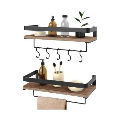 China Display Organizer Wall Shelves Wood Storage Shelves with Towel Rack, Rustic 2 Tier Floating Shelves for sale