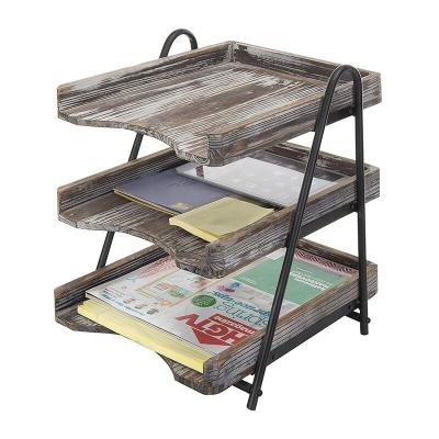 China 3-Tier Document Organizer Torched Wooden Desk File Tray, Office File Rack for sale