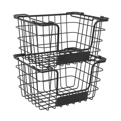 China Wire Market Sustainable Stacking Baskets With Chalk Label - Set Of 2 - Fruit Vegetable Product Metal Storage Bin For Kitchen Counter for sale