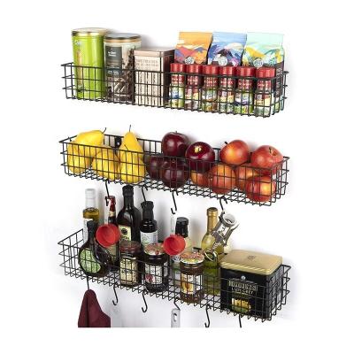 China Sustainable Wall Mount Kitchen Storage Kitchen Fruit Basket Organizer with 10 Hooks Metal Wire Shelving Variable Sizes Set of 3 Black for sale