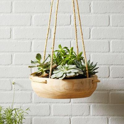 China Handmade Paulownia Bowl Planter Pastoral Decorative Wood Hanging Wooden Flower Pot with Rope Jute for Indoor or Outdoor Garden Use for sale