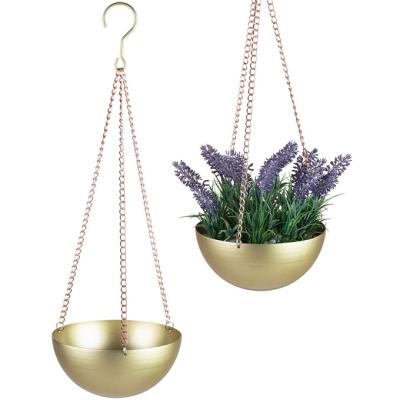 China Modern Metal Planter Flower Pot Brass-Tone Hanging Decorative Bowl With Chains For Indoor Or Outdoor Garden Use for sale