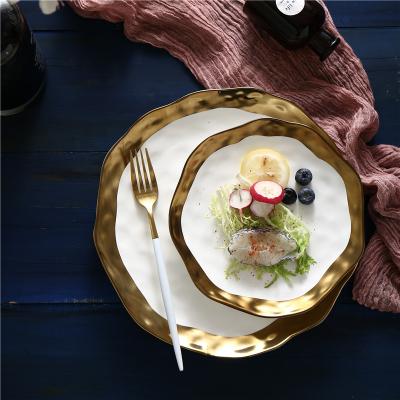 China Disposable European Style Ceramic Gold Plated Western Steak Dish Fruit Dish Salad Tableware Dish for sale