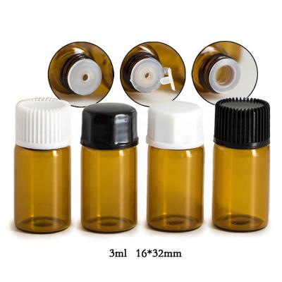 China Cosmetic 1ml 1.5ml 2ml 3ml Amber Essential Oil Glass Bottle With White Cap for sale