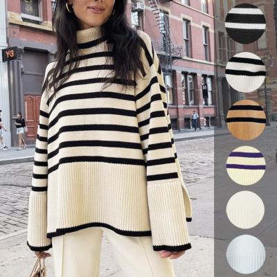 China New Autumn and Winter Women's Anti-wrinkle Collar Knitted Stripe High Slit Sweater Jacket for sale