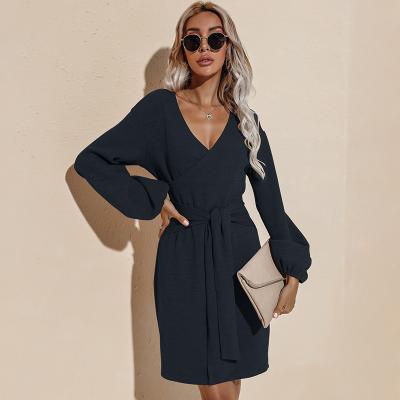 China Wholesale New Casual Fashion Autumn And Winter Anti-wrinkle Long Sleeve Hip V Collar Lace Solid Color Dress for sale