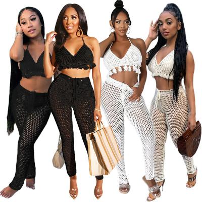 China Breathable Summer Beach Clothing Hot Selling Fashionable Sexy Deep V Tassel 2 Piece Set For Women for sale