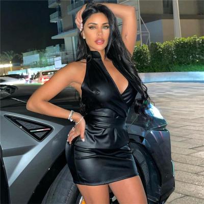 China PU Sleeveless Backless Sexy Breathable Club Fashion Party Club Fashion V-neck Bow Halter Black Leather Mini Dress for sale