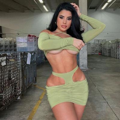 China Sexy Ladies Halter Halter Anti-pilling Hollowed Ruched Long Sleeve Two Piece Short Skirt Sets For Woman for sale