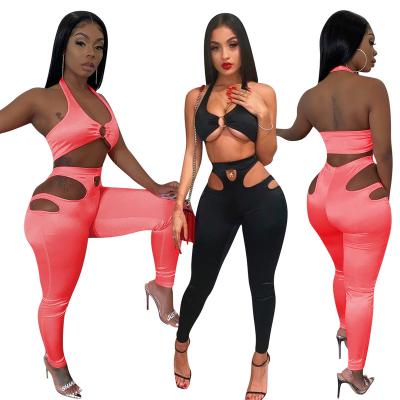 China Hot Summer Anti-pilling Sexy Halter Tank Top And High Waist Leggings Hollow Out Women's 2 Pcs Shorts Set for sale