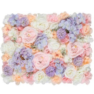 China Hot Sale Artificial Flowers Fashional Fabric Layout Party Decor Rustic Plastic Purple Silk Artificial Flower Roll Up Flower Wall For Wedding Decoration for sale