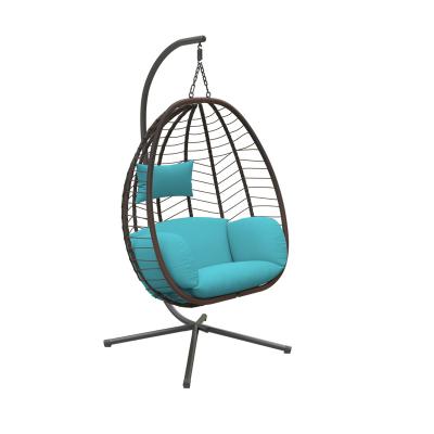 China Waterproof Metal Egg Swing Chair Outdoor Indoor Wicker Rattan Hanging Chair Black Rattan with Blue Cushion for sale